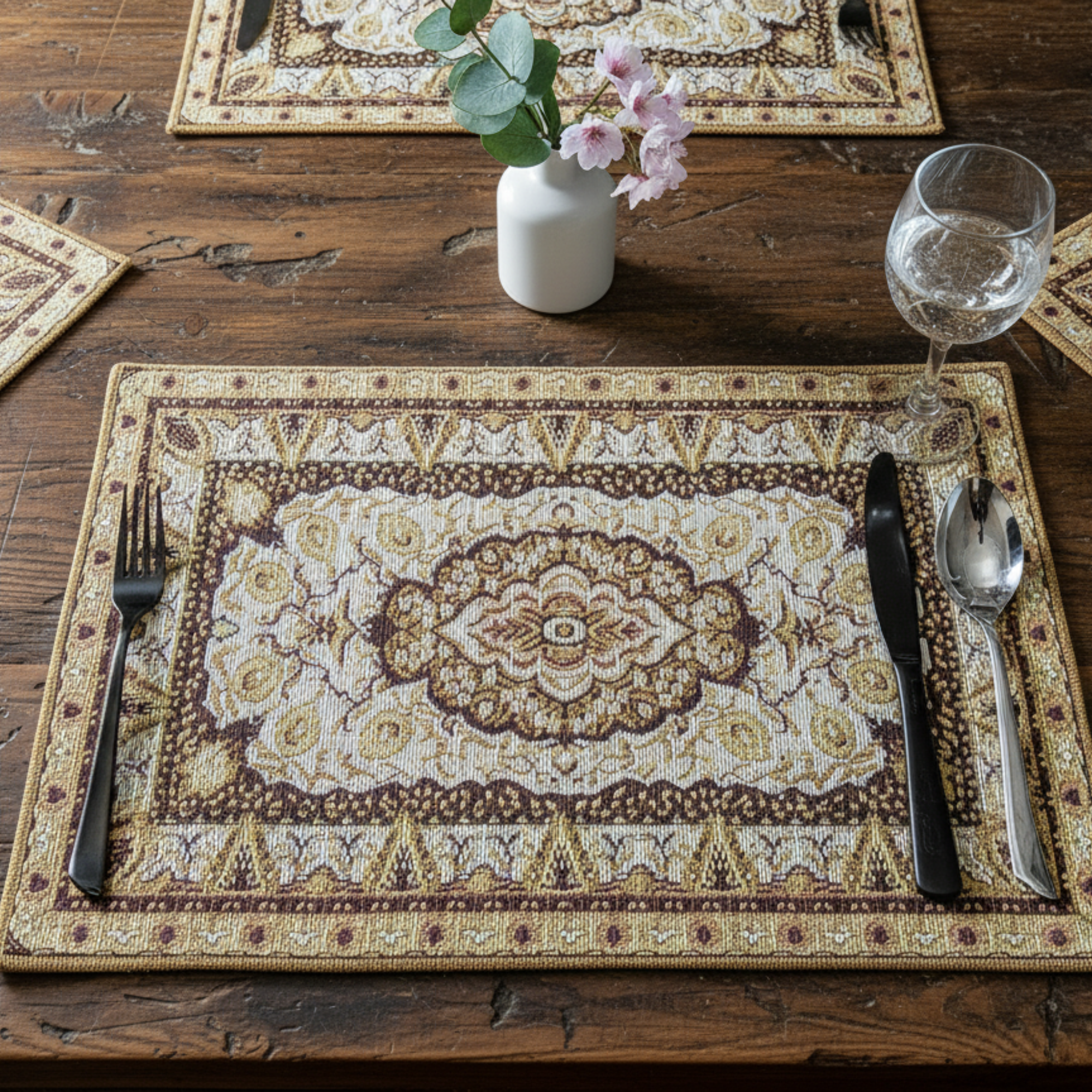 DaDa Bedding Set of 4-6 Pieces Royal Persian Style Rug Golden Brown Floral Tapestry Placemats 13” x 19” (18119)-0